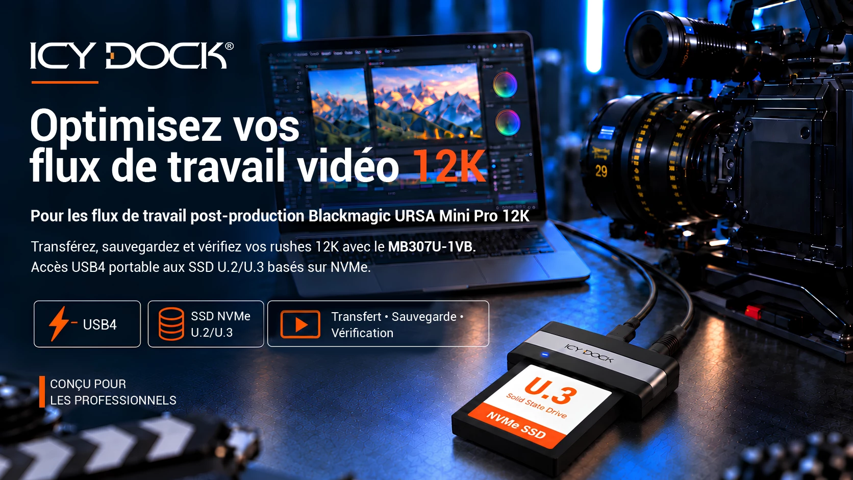 MB307U-1VB used to access U.2 NVMe SSD data from Blackmagic URSA Mini Pro 12K workflows for transfer, backup, and review.